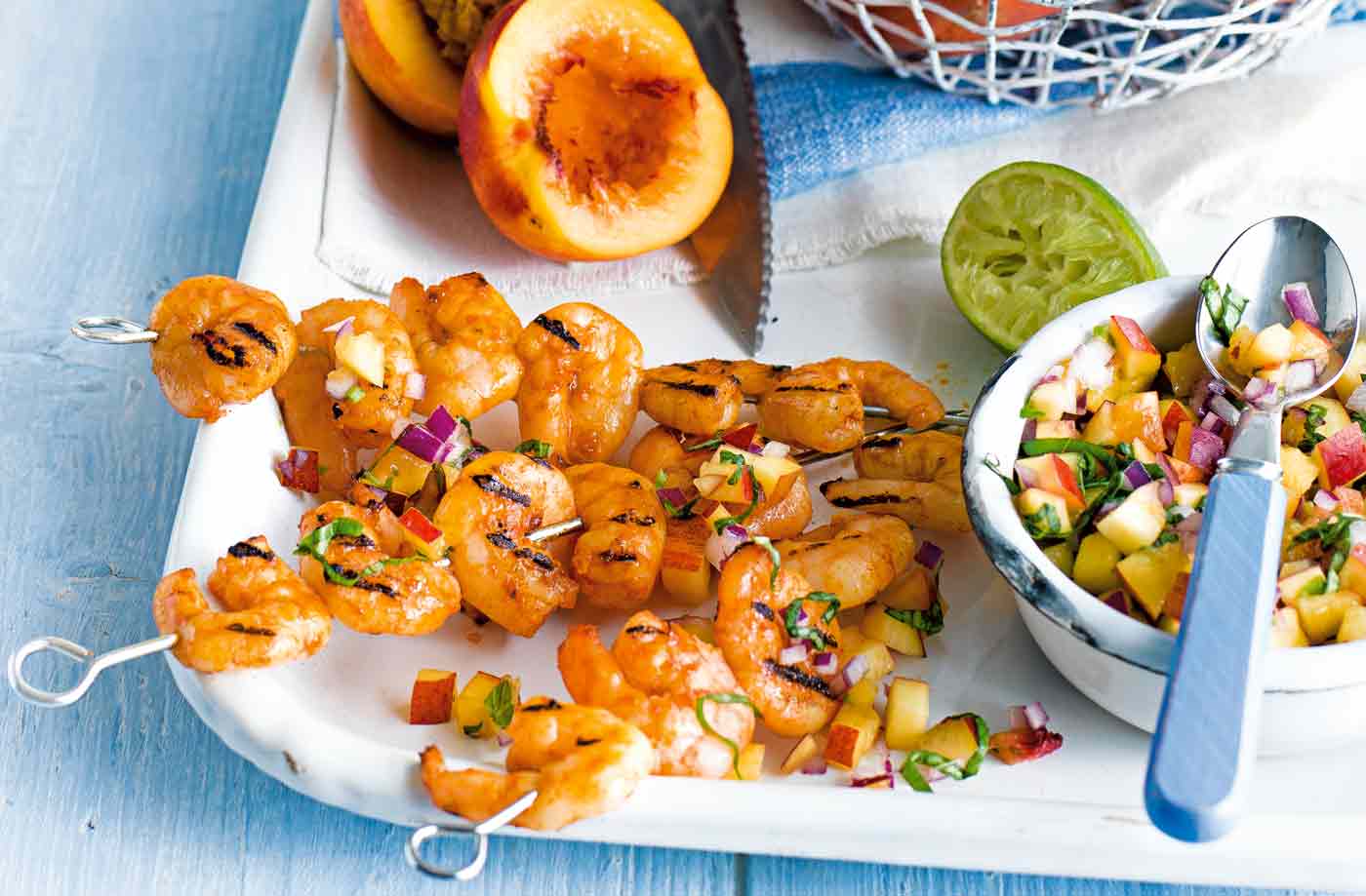 Nectarine and basil salsa with grilled prawns