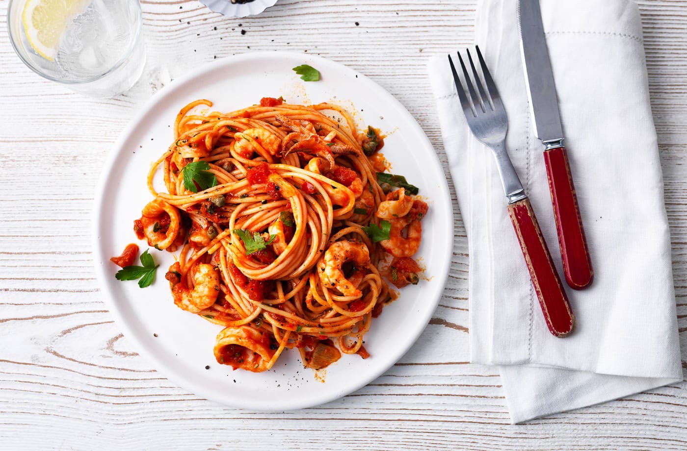 Seafood spaghetti with marinara sauce