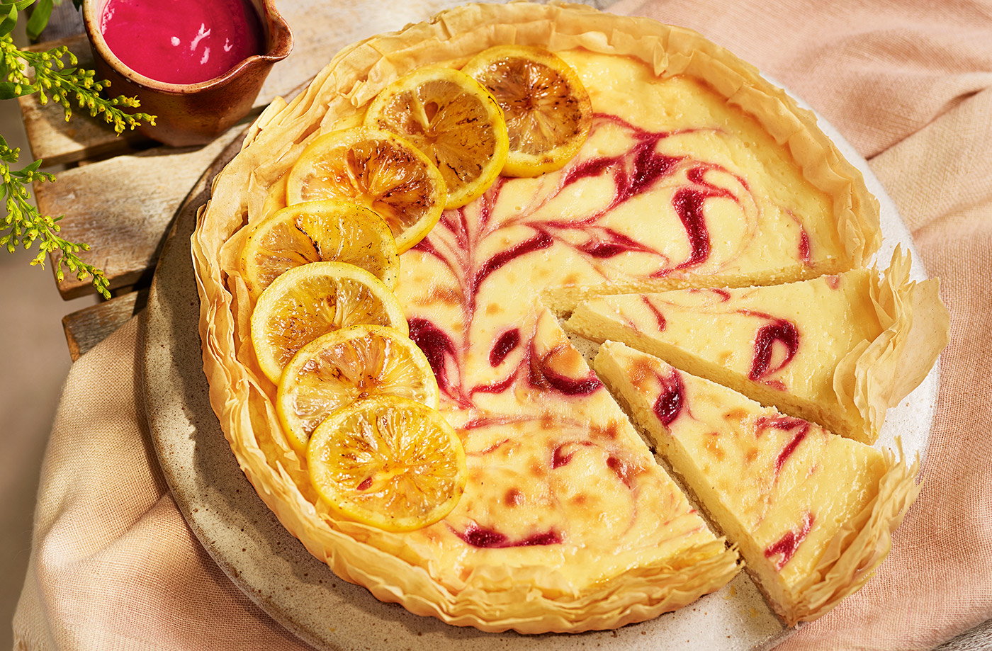 Lemon and raspberry ricotta tart