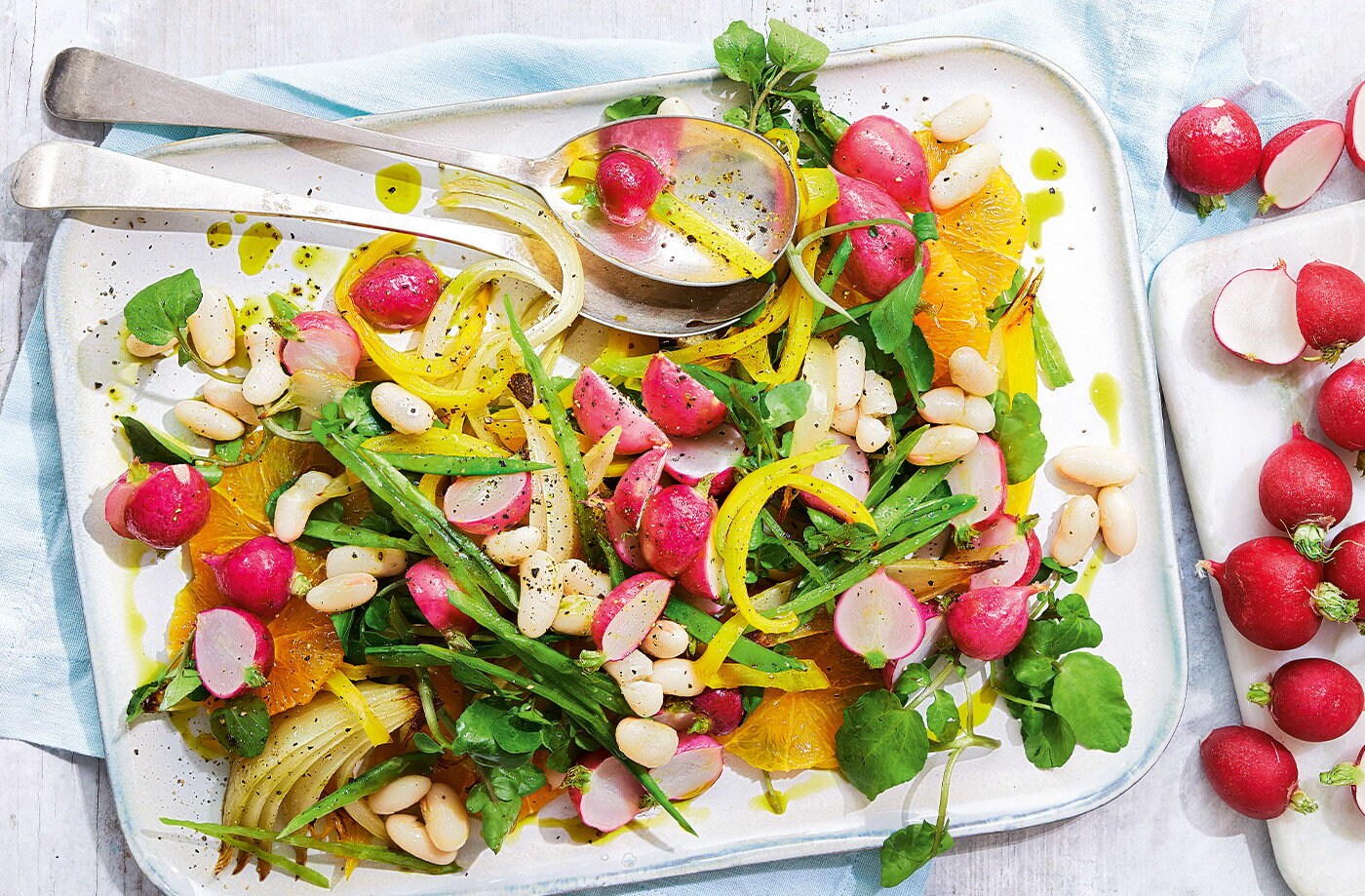 Roasted radish, orange and white bean salad
