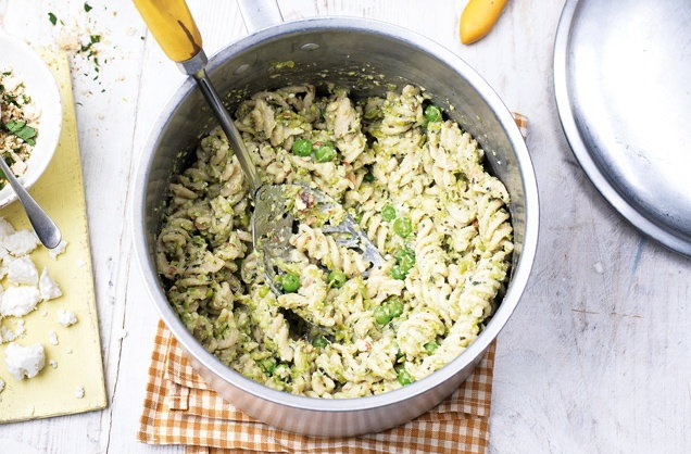 Pea and almond pesto fusilli