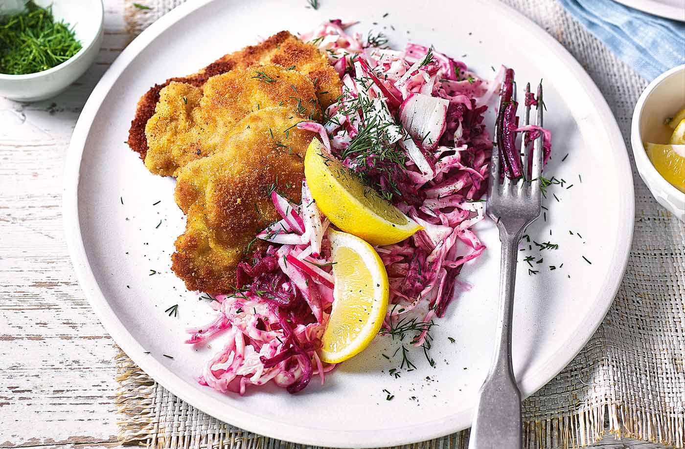 Pork schnitzels with beetroot slaw