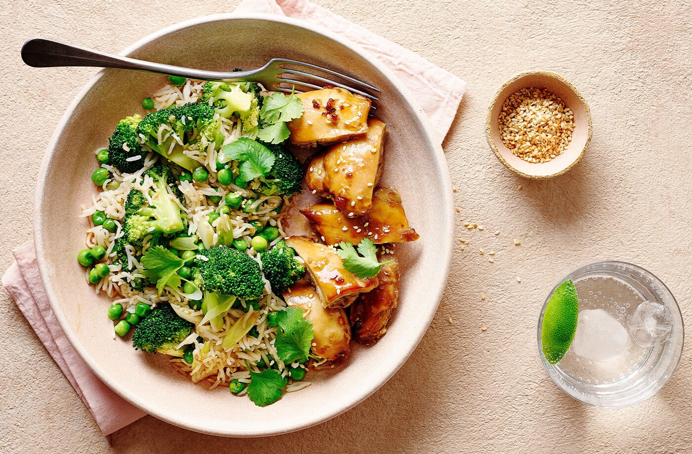 Soy and honey chicken thighs with green rice