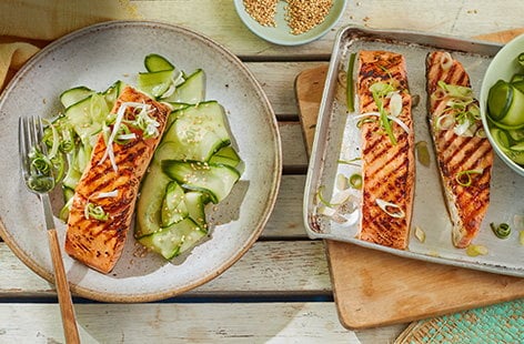 Image of "Wasabi and soy salmon with quick-pickled cucumber"