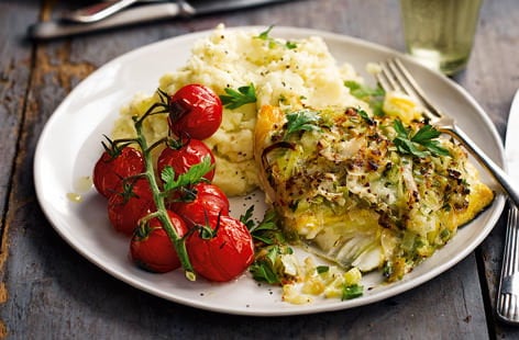Smoked haddock topped with cheddar and leek