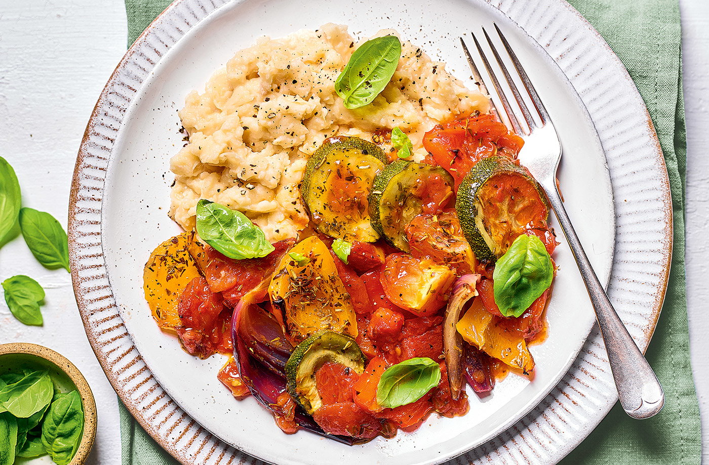 Baked ratatouille with butter bean mash