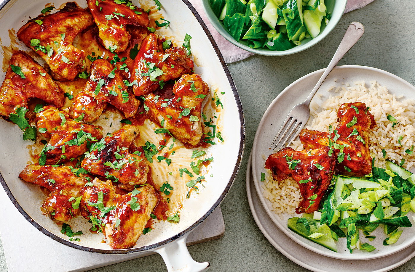 Sticky hoisin wings with bashed cucumber salad