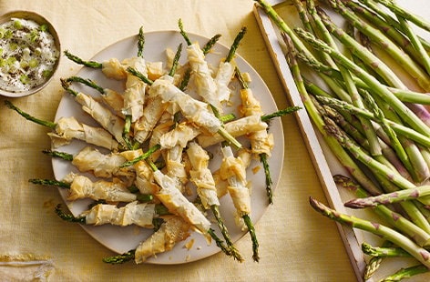 Asparagus 'cigars' with whipped feta dip