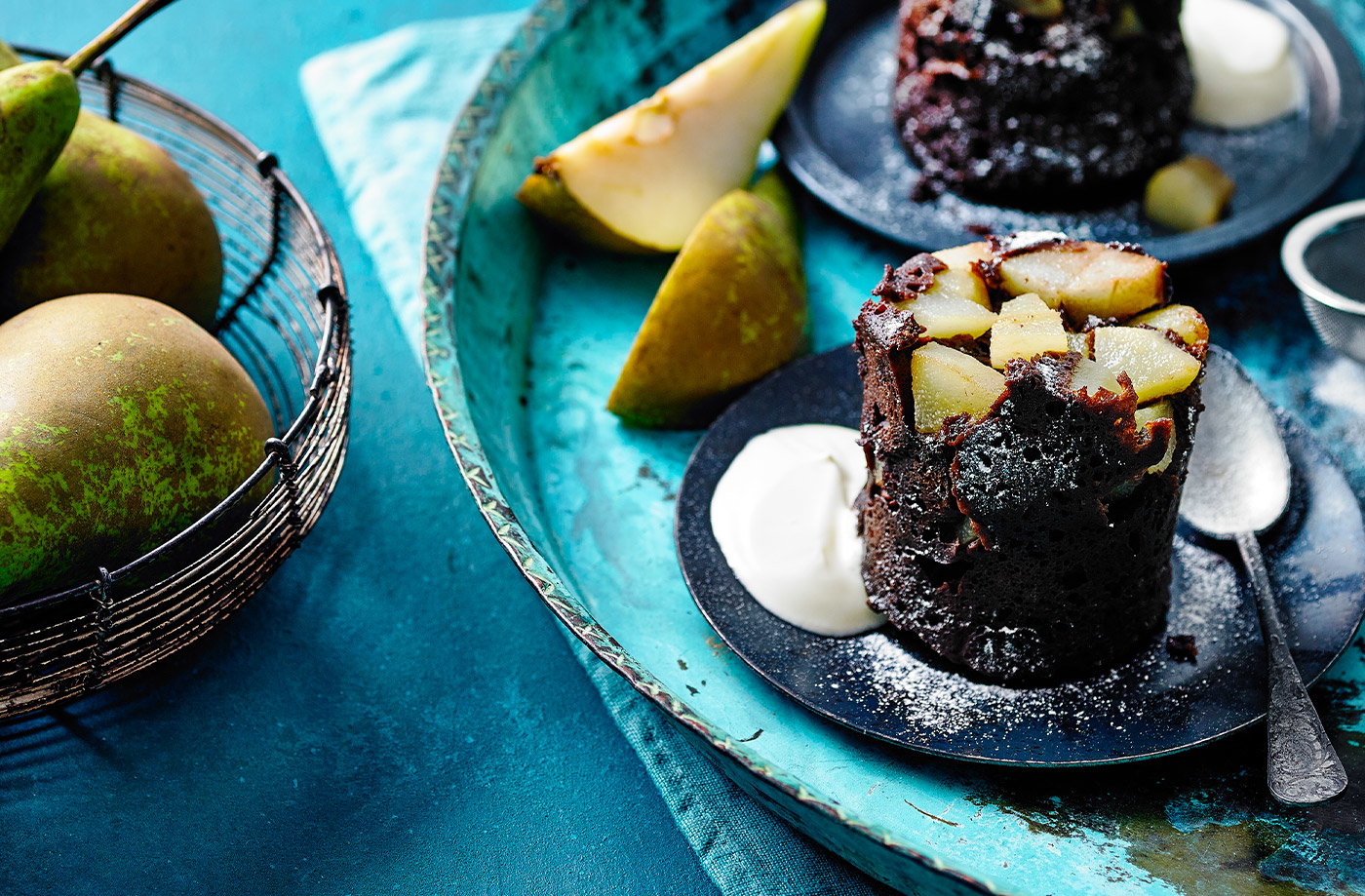 Five-minute chocolate and pear mug cakes