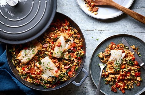 Image of "Baked chorizo orzo with white fish"
