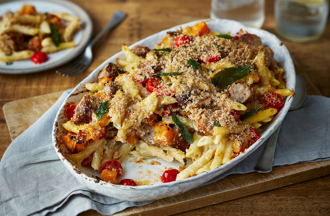 Squash, sausage and sage pasta bake