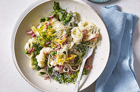 Image of "Braised pea, lettuce and ham tagliatelle"