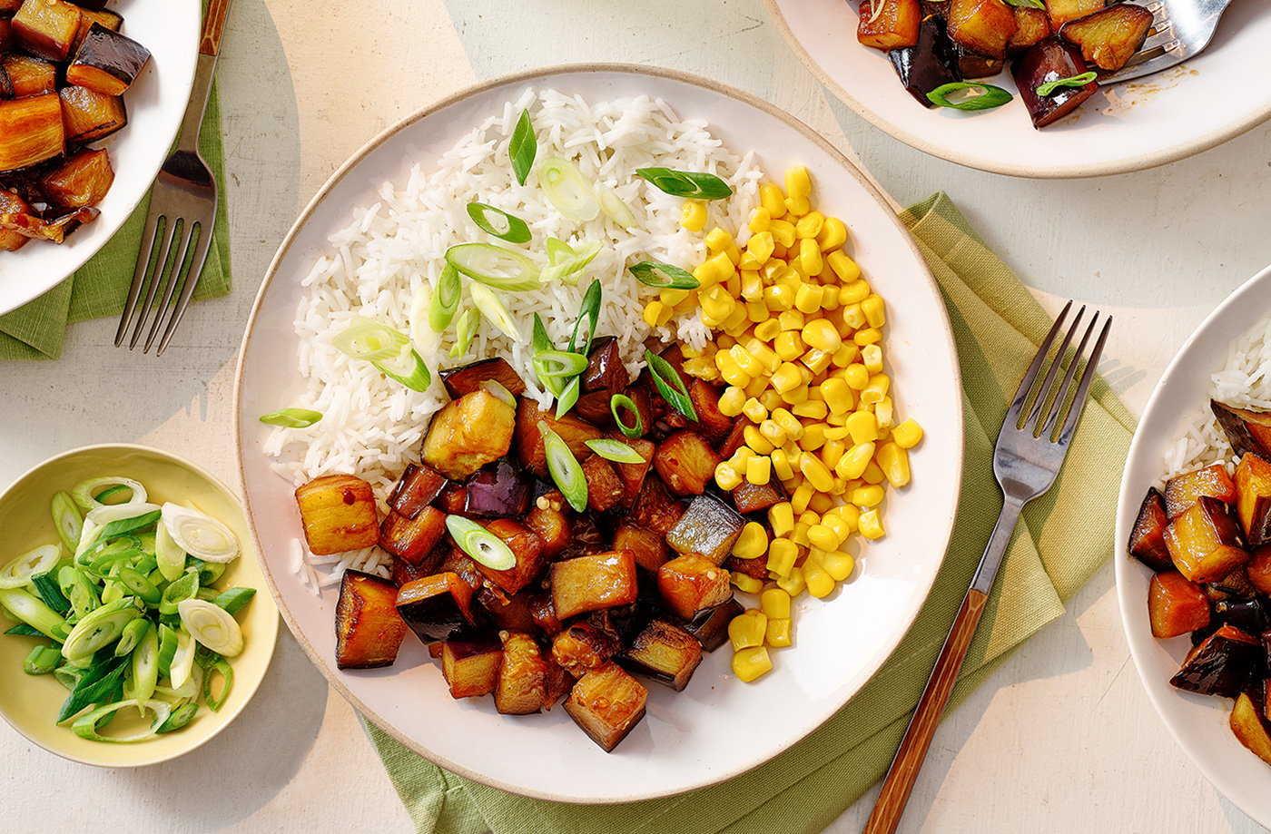 Honey soy aubergine stir fry with rice