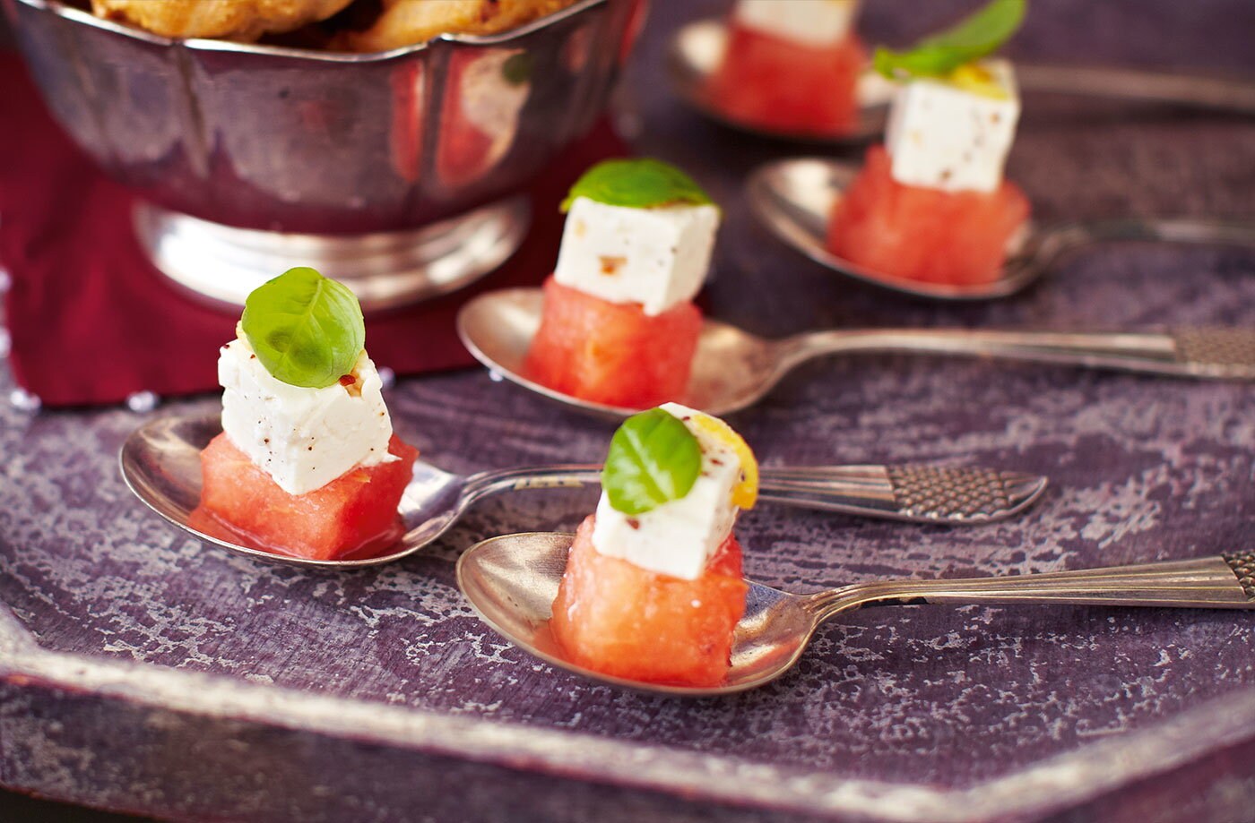 Watermelon with spiced feta and basil