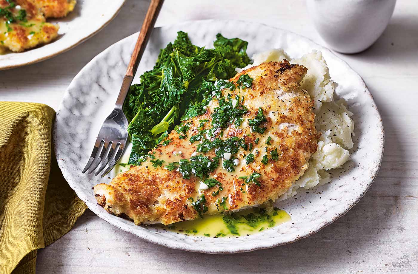 Chicken schnitzel with 'Kiev' mash