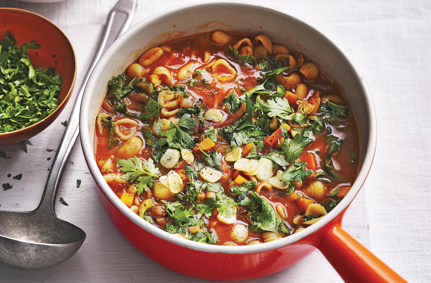 Kale, pasta and cannellini bean soup
