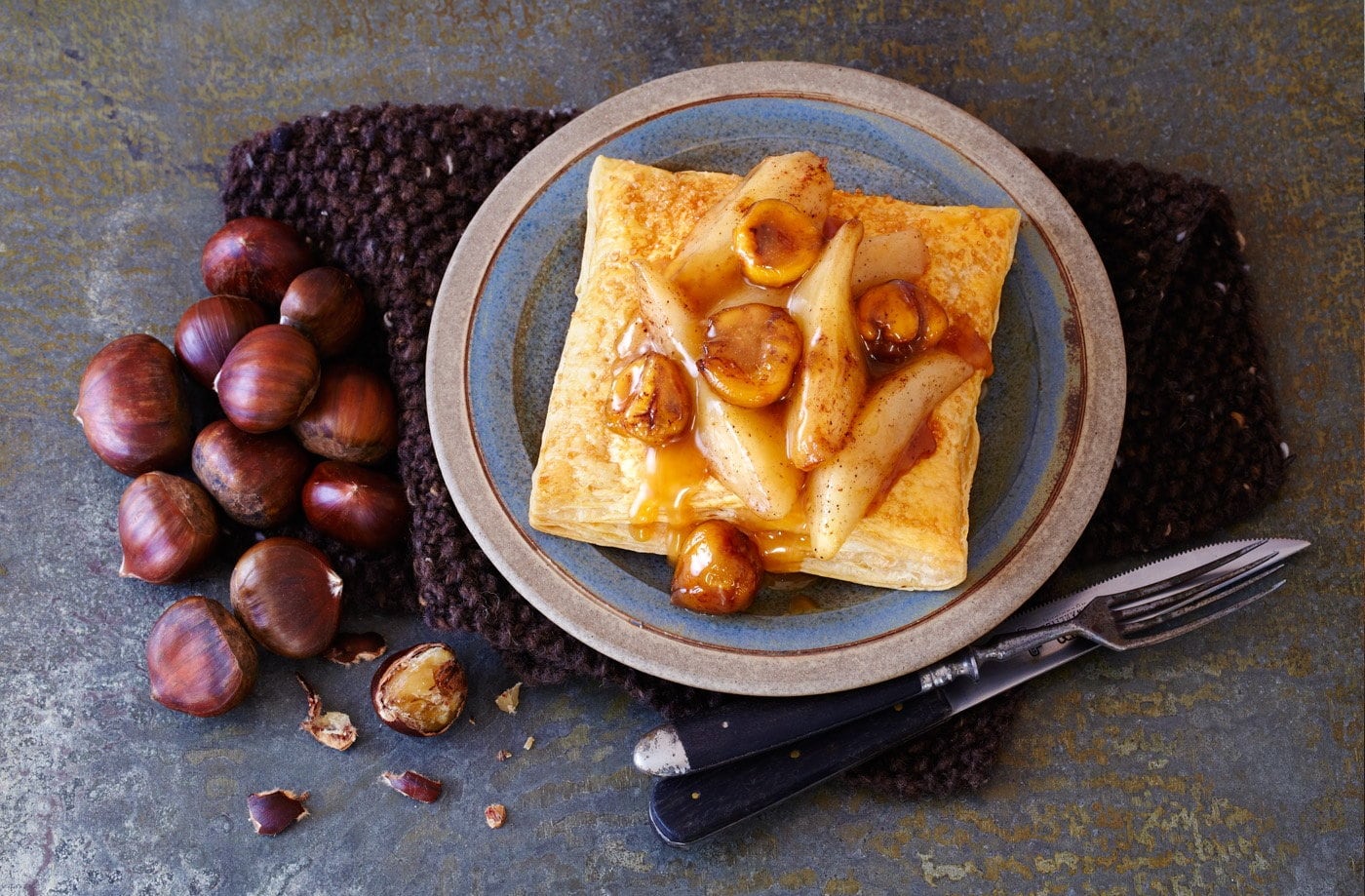 Pear and chestnut squares with caramel sauce