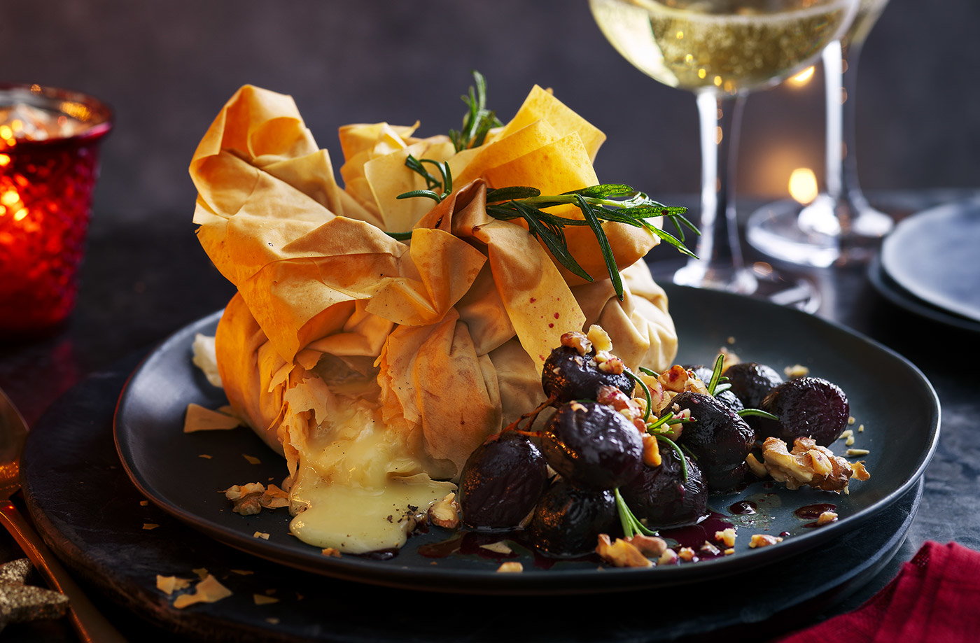 Sharing Camembert with port-roasted grapes