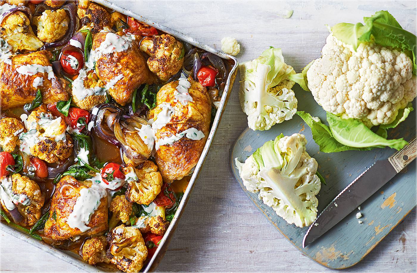 Spiced chicken and cauliflower traybake