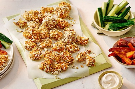 Image of "Popcorn-crusted chicken nuggets with sweet potato wedges "