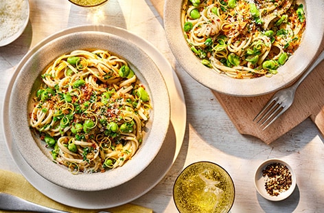 Broad bean and anchovy linguine with a herby pangrattato