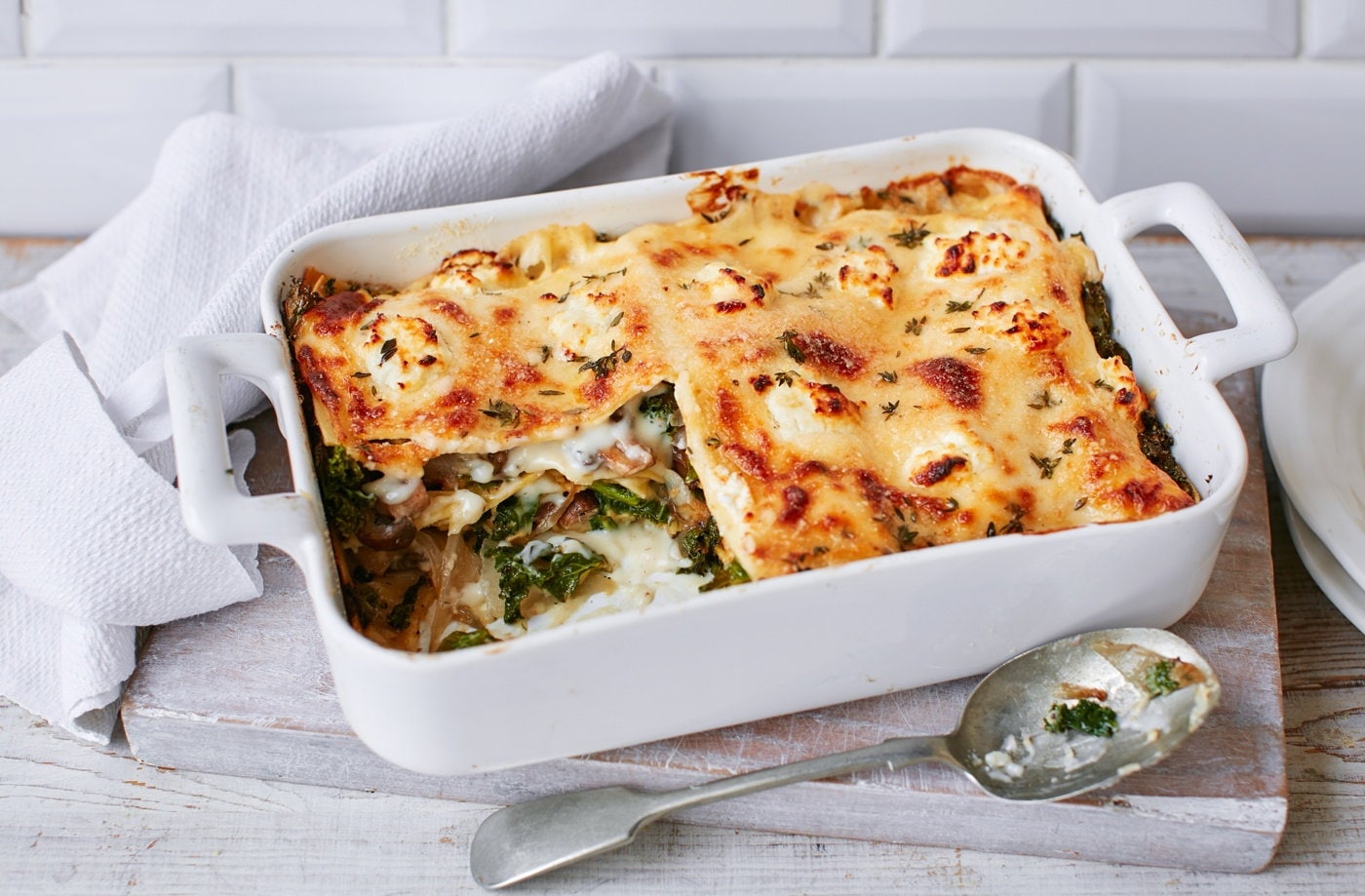 Kale, mushroom and goat's cheese lasagne
