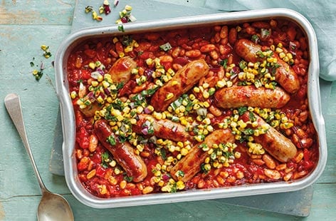Image of "Barbecue sausage and mixed bean bake "