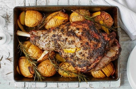 Image of "Roast leg of lamb with hasselback potatoes"