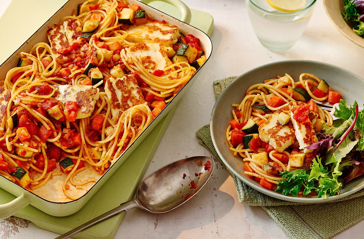 Halloumi topped tomato pasta bake