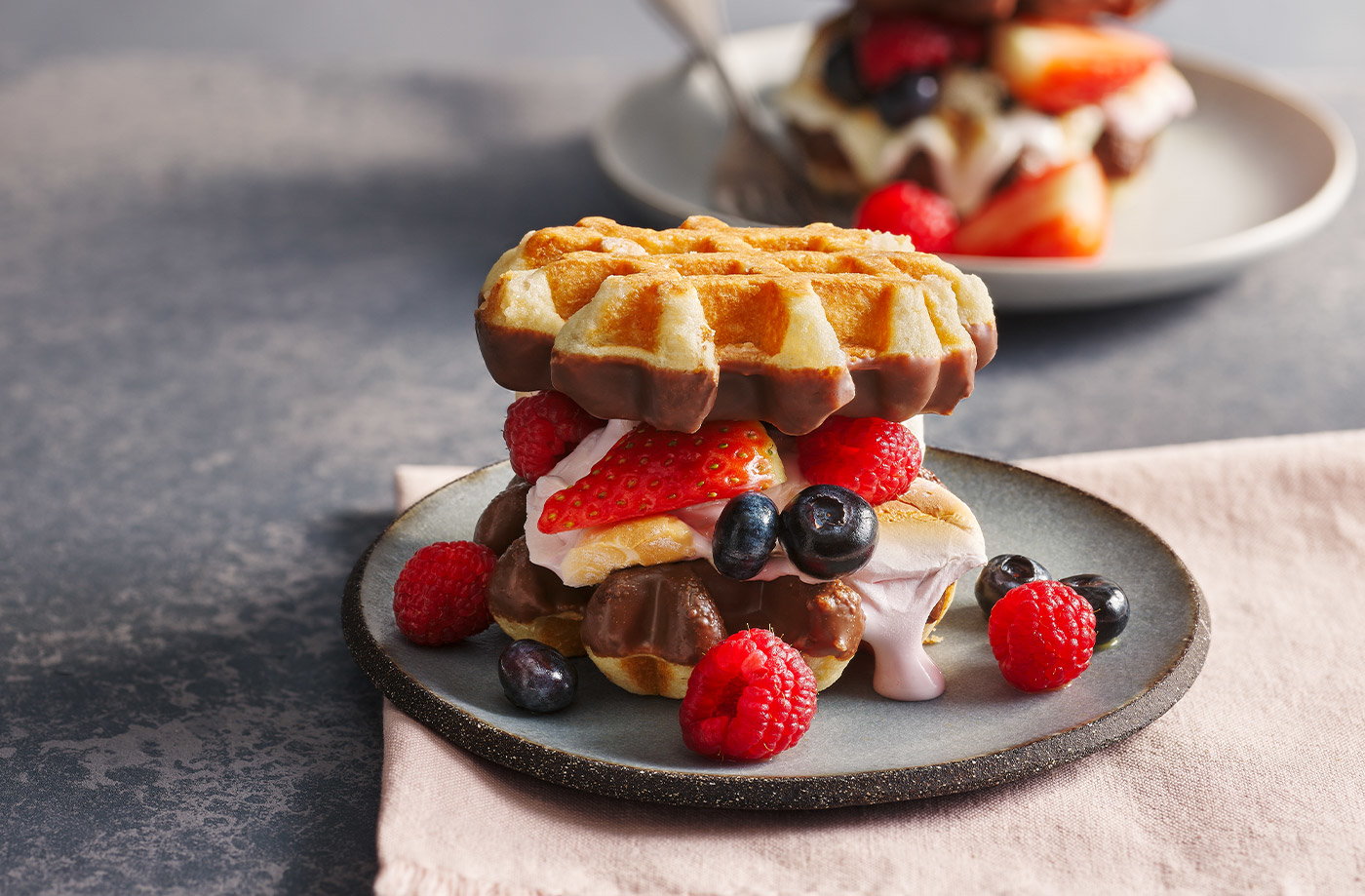 Chocolate waffle sharing s'mores