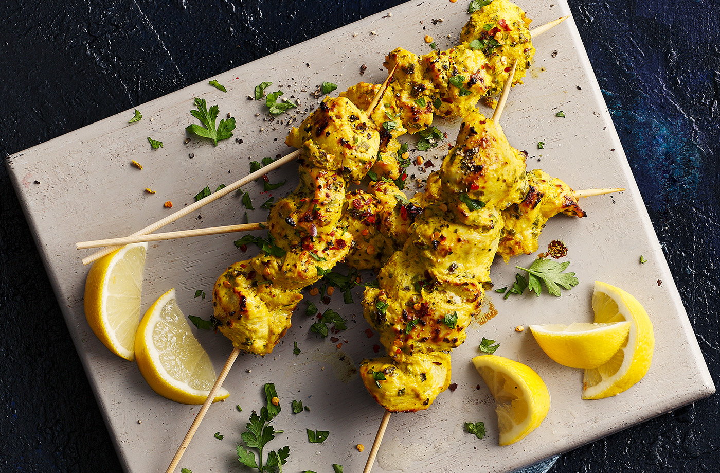 Spiced yogurt Kashmiri chilli chicken kebabs