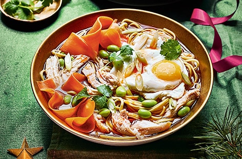 Turkey ramen with chilli-oil fried eggs