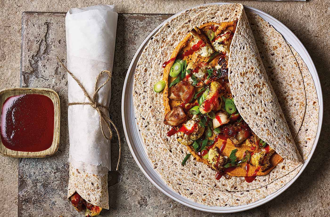 Satay chicken and cauliflower wraps