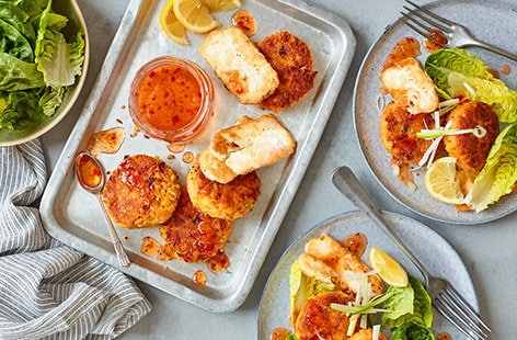 Image of "Chilli chickpea fritters with halloumi"