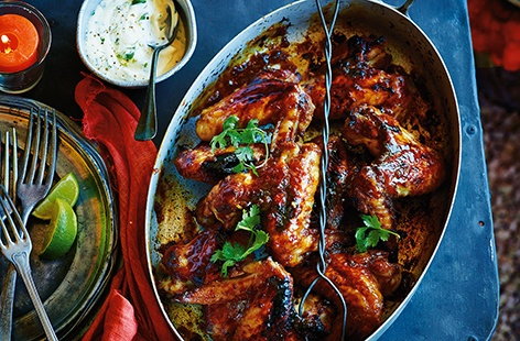 Image of "Sticky tamarind chicken with soured cream dip"