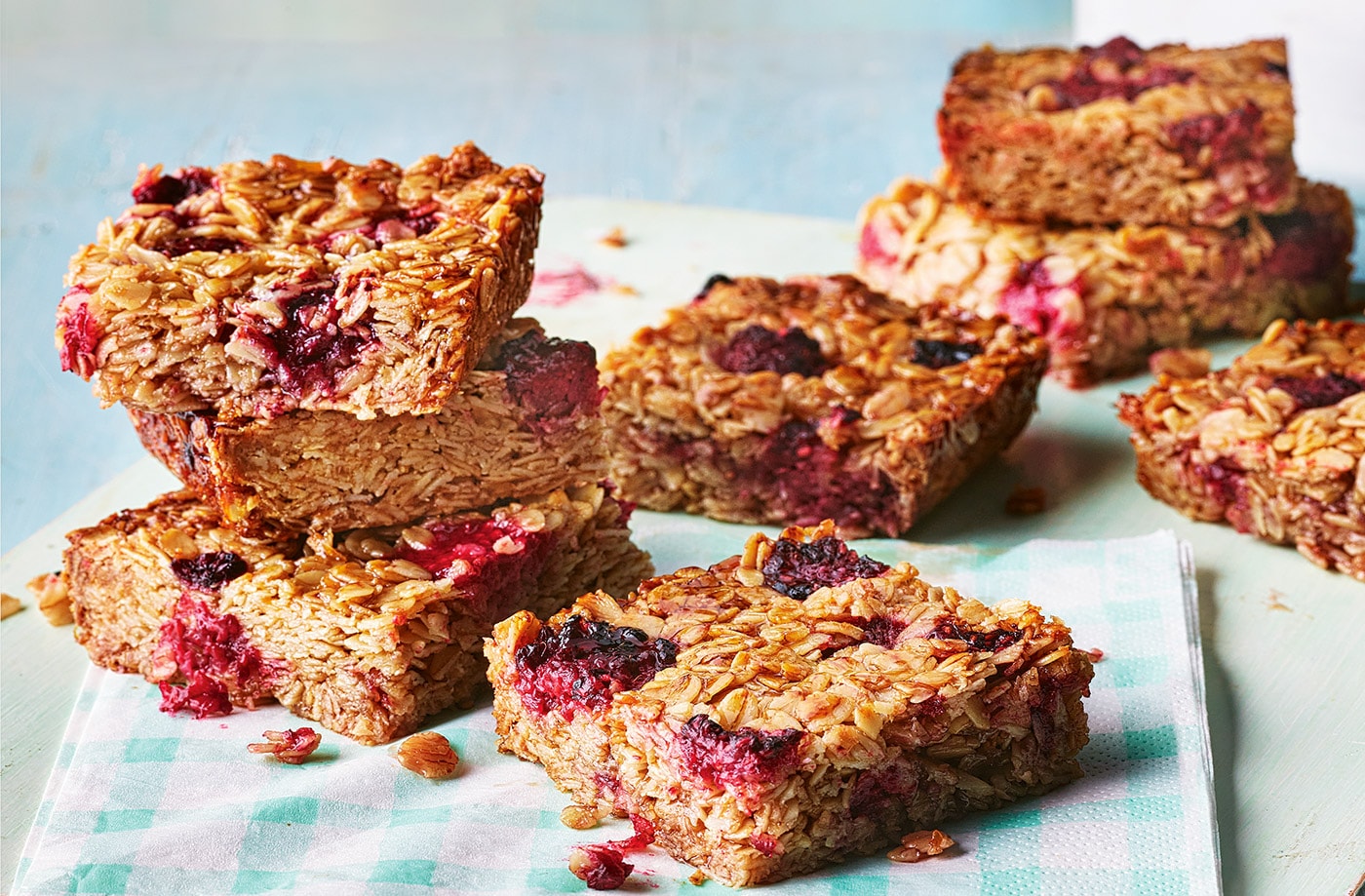 Olive oil caramel and raspberry flapjacks