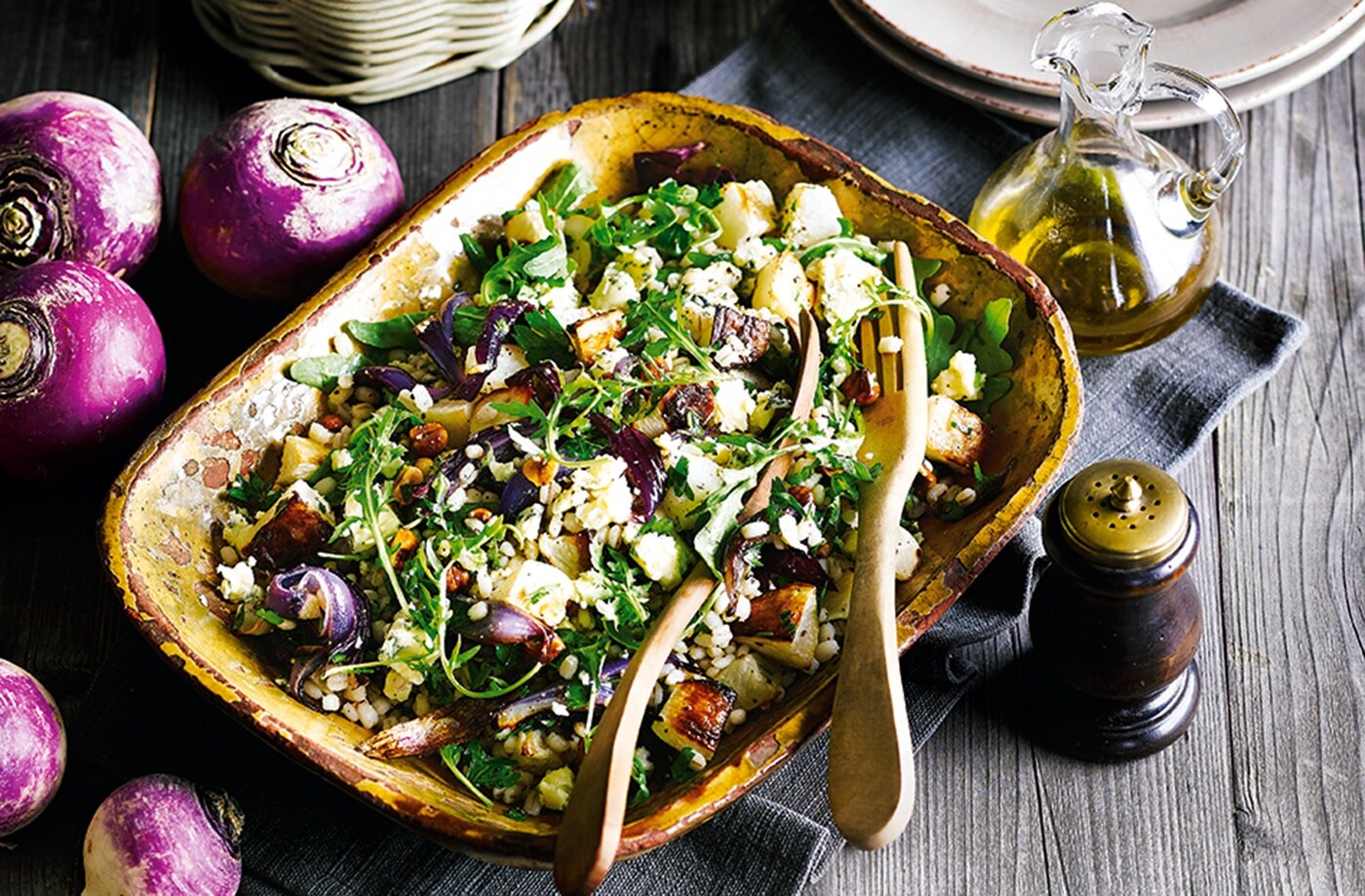 Roasted turnip with barley, Stilton and hazelnuts