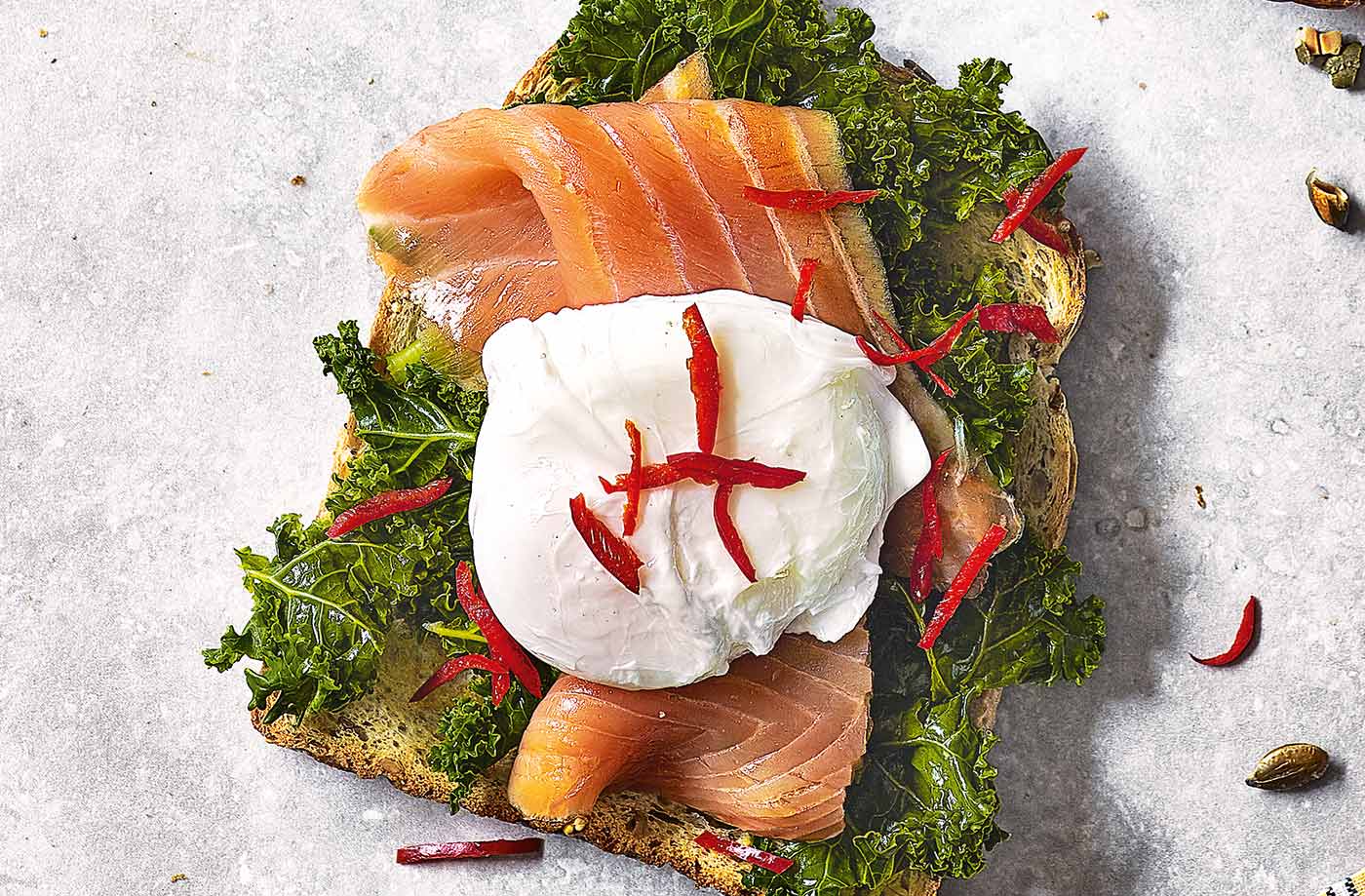Kale, poached egg and smoked salmon toast topper