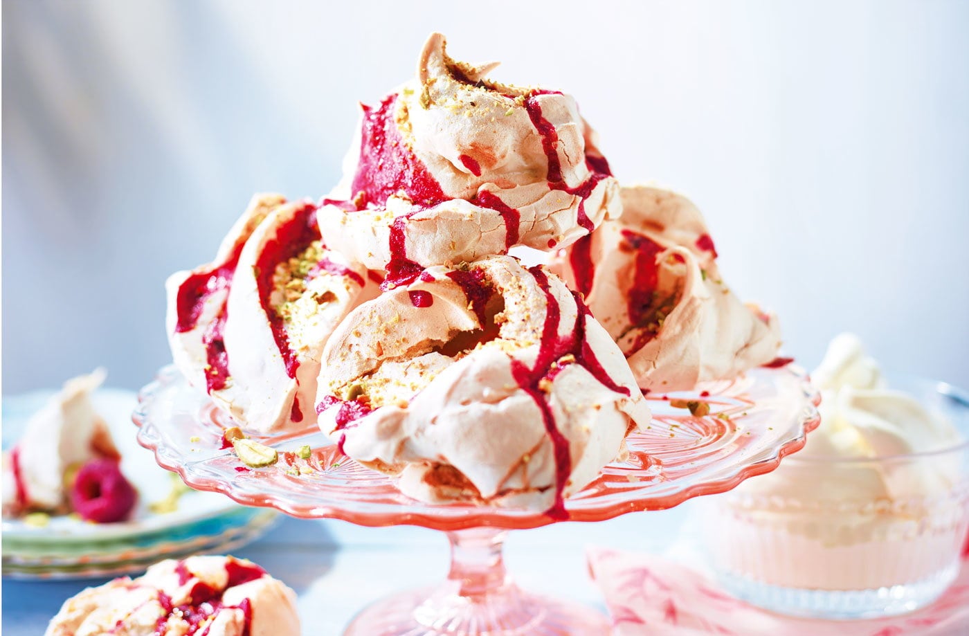 Raspberry and pistachio meringues
