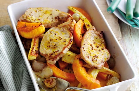Image of "Orange and mustard pork with squash, parsnips and shallots"