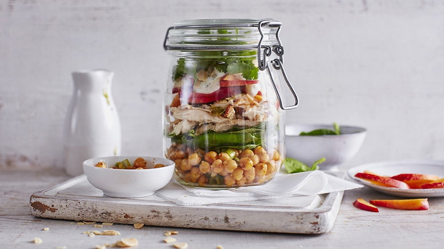 Layered curried chicken, yogurt and nectarine salad