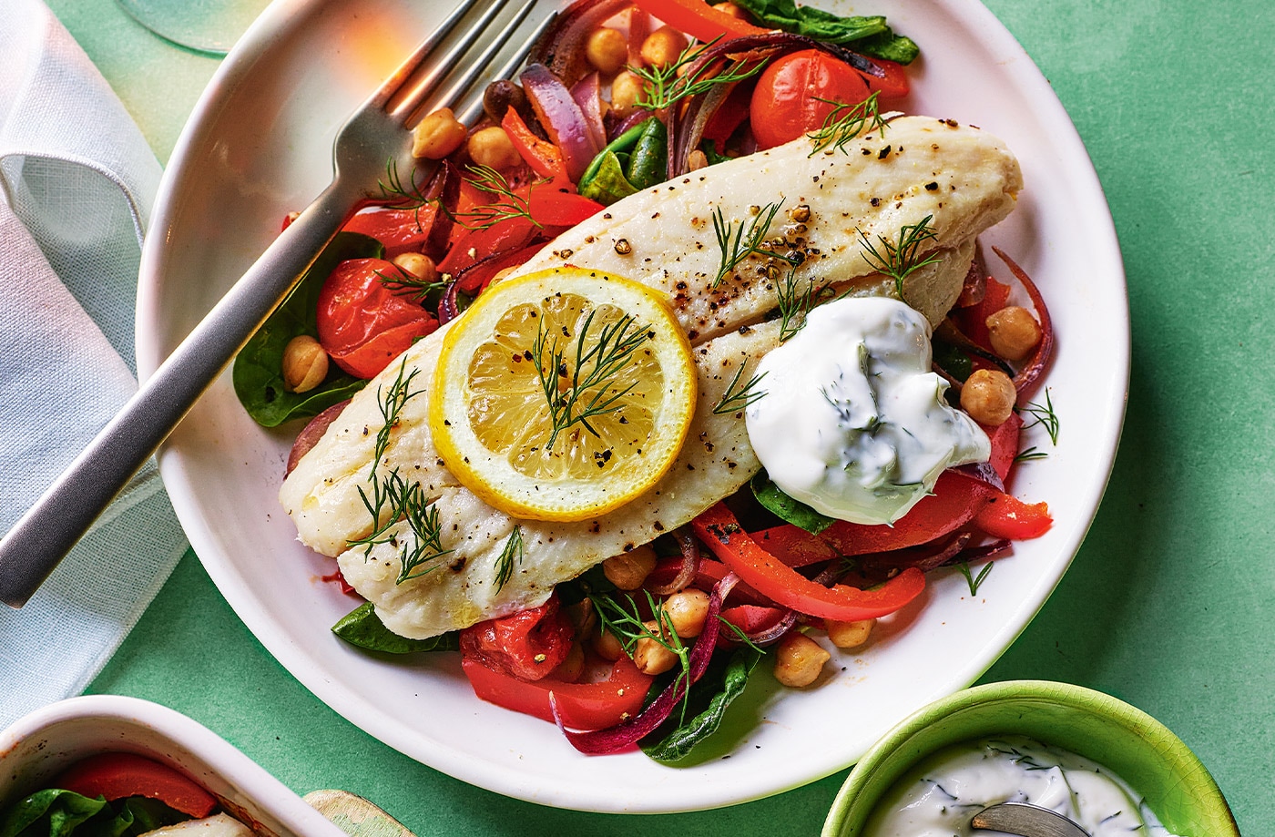 One-tray baked basa and chickpeas