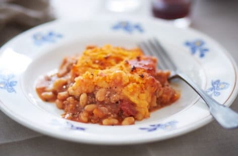 Shepherd’s pie with baked beans and sweet potato mash
