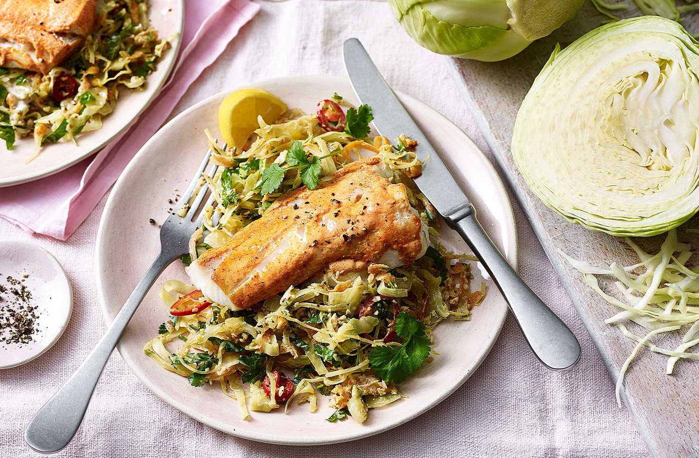 Tandoori-spiced fish with Keralan cabbage