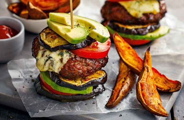 Beef and chorizo stack with sweet potato wedges