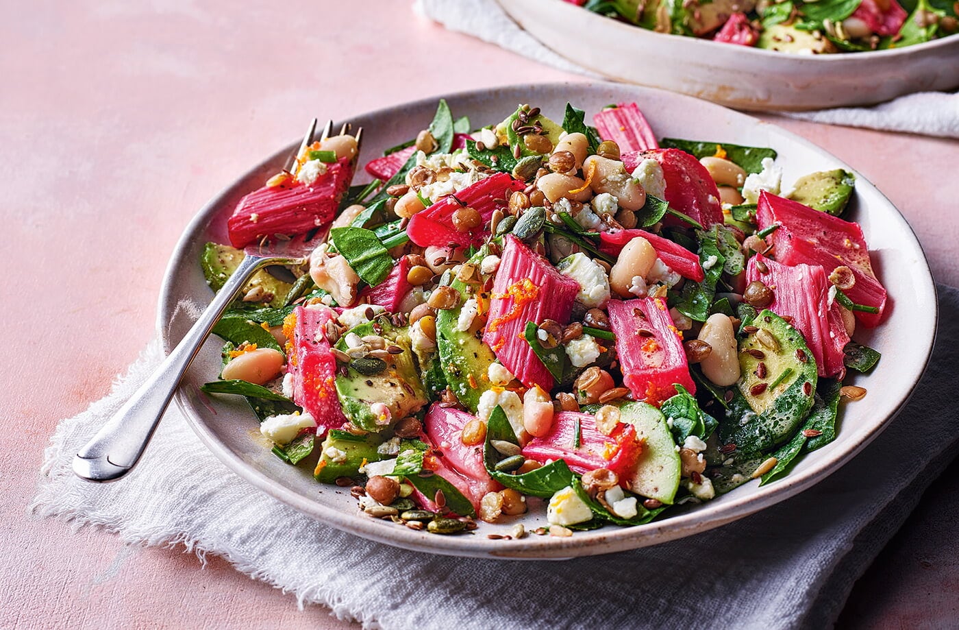 Roasted rhubarb, feta and lentil salad