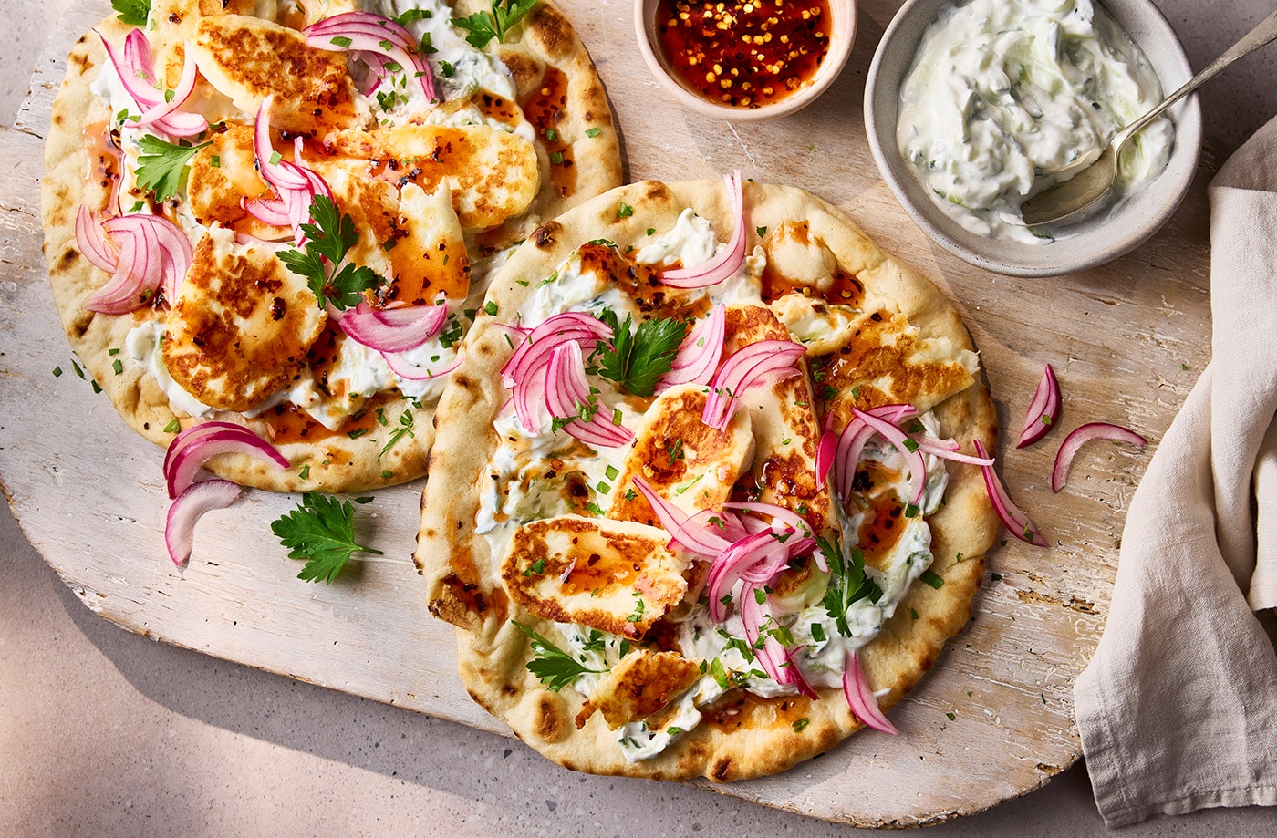 Hot honey halloumi flatbreads