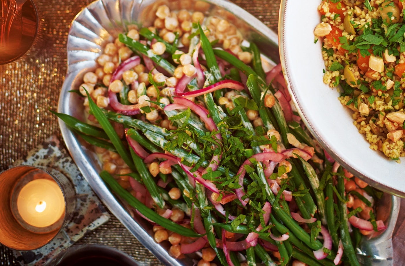Green beans with chickpeas, red onion and cumin-spiced yogurt