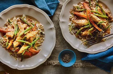 Image of "Turkey satay stir-fry with pilau rice"