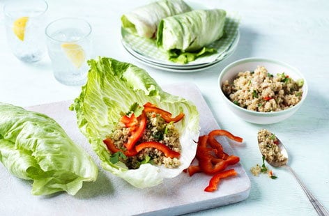 Image of "Lettuce wraps with lime, coriander and spring onion quinoa"